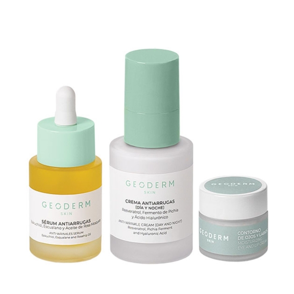 Pack de trío antiarrugas natural geoderm: sérum, crema y contorno de ojos