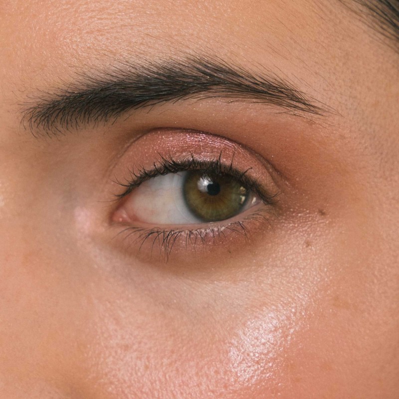 Contour of woman eye wearing eyeshadow from sweet dessert color palette